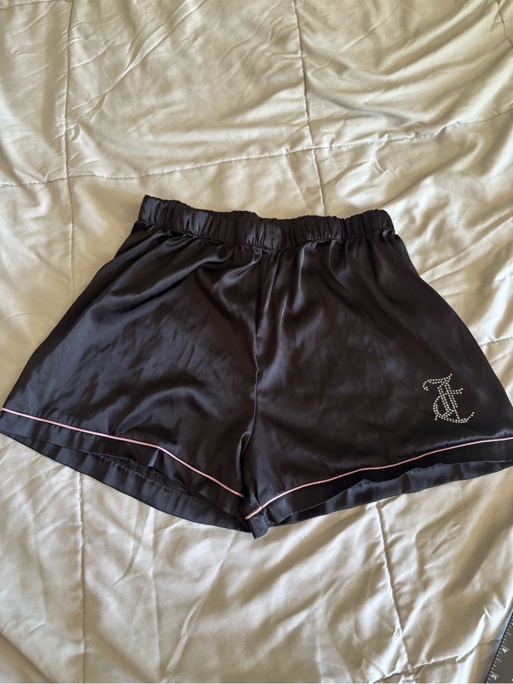 Juicy Couture Black Satin Lounge Shorts with Pink Piping and Rhinestone Monogram